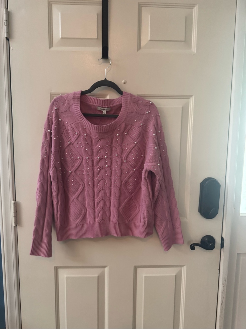 Francesca's Collections Pink Pearl-Embellished Cable Knit Crewneck Sweater